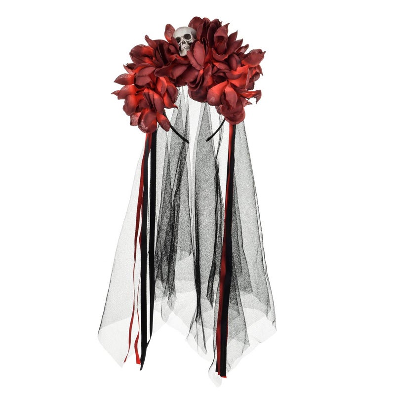 Vividsun Day of The Dead Headband Costume Rose Mexican Flower Headband (E-skull/Burgundy) - Image 1